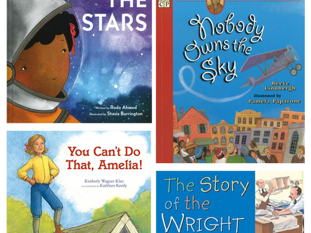 Images of four children's books focusing on the stories of aerospace history makers, including the Wright Brothers, Mae Jemison, Amelia Earhart, and Bessie Coleman.