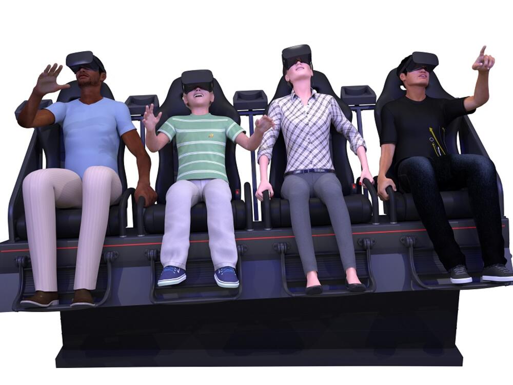 A computer generated image of four people of different ages sitting on a bench wearing VR headsets.